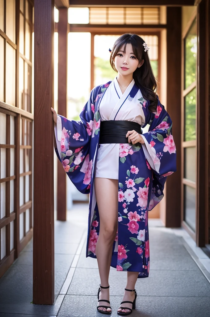 A woman in a kimono with her legs open