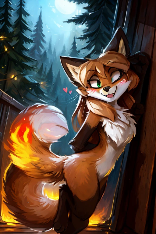 uploaded to E621, by kenket, by Kilinah, by Einshelm, by fluff-kevlar, by foxovh, beautiful and detailed portrait of an anthropomorphic vixen ((female))), (detailed averi), (detailed lighting), (detailed fur), (detailed breasts), BREAK, (cinematic lighting), ((detailed background)), ((depth of field)), (half body shadow), ((looking at viewer)), [backlighting], [detailed ambient light], [ambient light on the belly], [realistic proportions], [explicit content, adult, nsfw], [sharp focus], (questionable content), (shaded), (hi res), ((masterpiece)), (Averi, Fox girl), (anthro, fluffy fur), anthro fox girl, body fur, curvy, sexy, nice, cute, hot, sassy, sassy hips, (Averi, Fox girl), green eyes, solo, blush, flat chest, chest fluff, speech bubble, heart, hearts, side view, raised leg, half-open eyes, shy, coy smile, smile, fangs, exclamation mark, in mid air, freefall, in mid air after jumping, wet fur, foggy, tree, tail tip emanating magnificent magical fire, scarlet fire encircling the tail tip, fiery tail tip, flames emanating from magical fox tail, magical tail fire, fire fox tail, foxfire, body tilted backwards