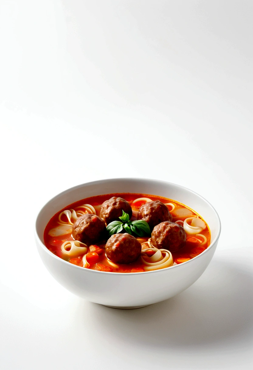 There is a bowl of very delicious meatball soup, illustration, Isolated on pure white background, Surrounded by negative space, Central Composition, 8K, Very detailed, Very precise, isolated, Clear bright white background, Perspective perspective, Practical, watercolor