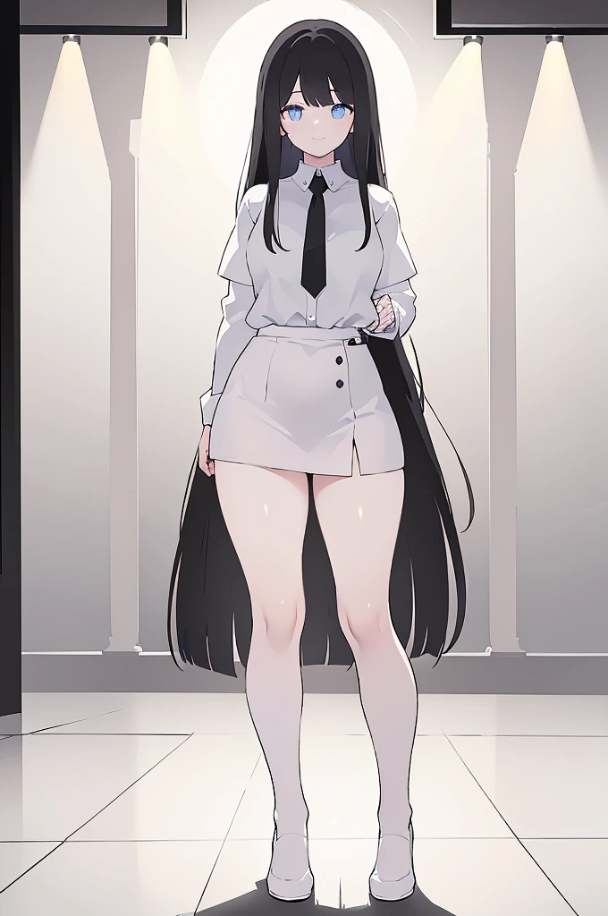 masterpiece, 8K, Detailed face, best quality, Must be created as described, (1 girl, alone, 20 years old, 158cm), (Black hair, long hair, Straight Hair, Bangs), (innocent, Big blue eyes like diamonds), (fair skin), (Wearing a simple white shirt, Shirt length no longer than thigh), (Black panties, Low waist style, Show your thighs), (White Crocs, Heightening style), (Has black leather collar, Attached to a chain), (The expression looks shy, but with a smile), (light black background, Backlight, Full body portrait, Facing the audience, Stand Up Straight, symmetry)