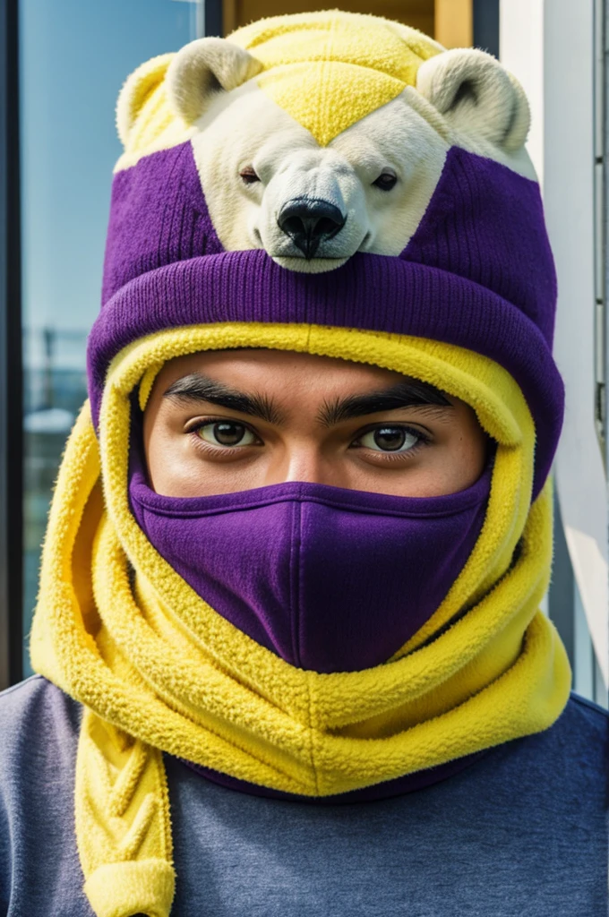 Pokémon Master with a polar bear balaclava yellow purple chalets