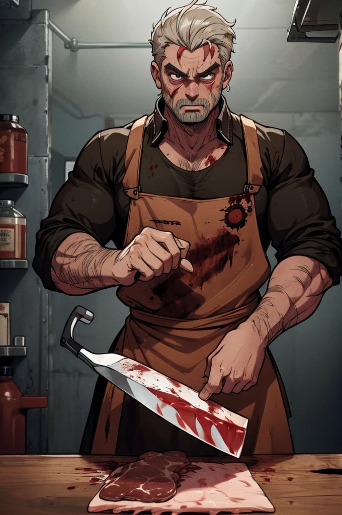 realistic detailed butcher, 1 male, detailed facial features, realistic skin texture, detailed clothing, apron, holding meat cleaver, meat hanging in the background, blood stains, dimly lit environment, dramatic lighting, gritty, dark, cinematic, muted colors, moody atmosphere