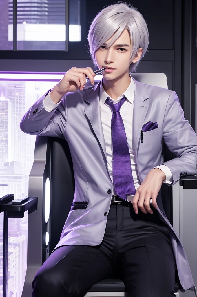 Cute and handsome
slender
silver hair
Purple eyes
Cyber-oriented lab
Dark future lab
Researcher
white coat
chew a ballpoint pen with your teeth
thinking
cartoon style illustration
sitting
A luxurious black chair