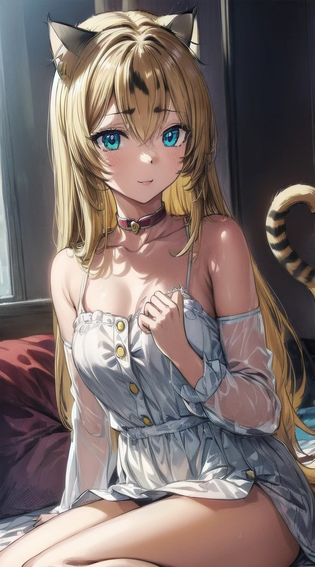 1girl,blonde hair
BREAK (( , long_hair, 1girl, smile, solo, green_eyes, detached_sleeves, looking_at_viewer, breasts, long_sleeves, very_long_hair, bangs, indoors, hand_up, bare_shoulders, dress, hair_between_eyes, closed_mouth, eyebrows_visible_through_hair, blush, sitting, medium_breasts, white_dress, small_breasts, buttons :1))
BREAK ((cat ear,cat tail:1.7))
BREAK indoors,
BREAK looking at viewer,
BREAK (masterpiece:1.2), best quality, high resolution, unity 8k wallpaper, (illustration:0.8), (beautiful detailed eyes:1.6), extremely detailed face, perfect lighting, extremely detailed CG, (perfect hands, perfect anatomy),