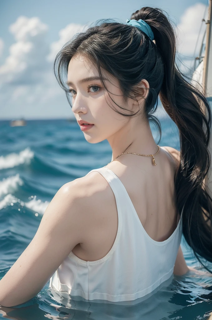 (((best quality))),(((ultra detailed))),(((masterpiece))),illustration,((1girl,naval officer,solo)),(short ponytail:1.2),((slim,thin)),((small breasts,flat chest)),(white tank top:1.3),vibrant colors,ocean background,(on the warship:1.3),majestic,turquoise waves,sun reflection,white clouds,sky,brilliant shade of blue,confident posture,gaze fixed on horizon,wind,gently blows hair,stray strands,flutter in breeze,adventure,excitement,unknown waters,beauty,strength,determination,female power,resilience,striking looks,powerful setting,sea,captivating,inspiring image,viewer,drawn to presence,challenging environment,military service,bravery,dedication,((from front,close-up of face))