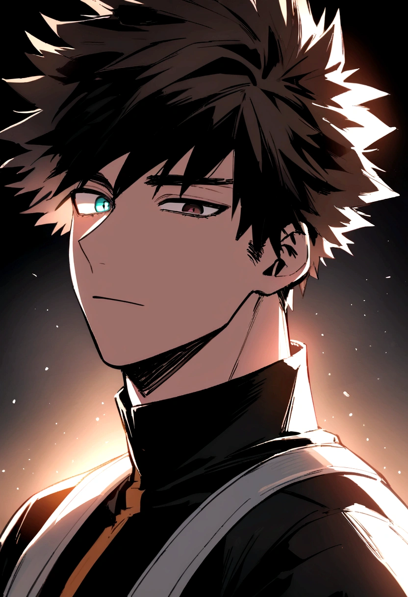 Boko no hero academia comics panel of a male. he has dark brown hair, and Heterochromia The first eye is black the second color is gray eyes. he is a hero, he is wearing a black hero costume