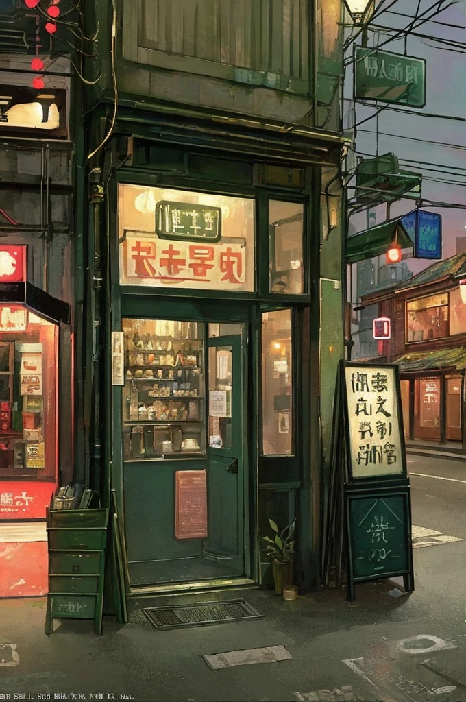 (masterpiece、Highest quality、Highest quality、Official Art、Beautiful and aesthetic:1.2)、Near future、Blade Runner、Slum Street、Late at night、Lo-fi Hip Hop、Cafe with small lights、Residential Street、silence、It's raining a little、