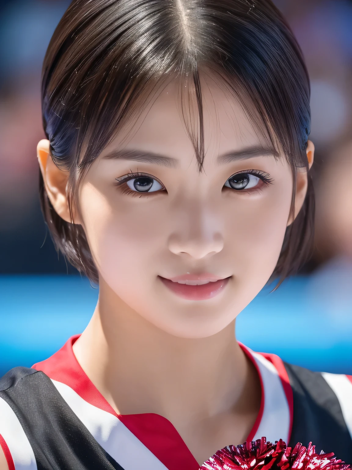 (Holding a pompom:1.3), (Cheerleader:1.2), (beautiful girl:1.3), (17 years old), (Highest quality:1.4), (Very detailed), (Very detailed美しい顔と目), (Sweat:1.2),Symmetrical eyes, (Dance 1.5), (Look Away:1.5), (Cheerleader costumes:1.3), smile, Open your mouth, White skin, Great face, iris, Short Bob Hair, (Skinny body type:1.2), (Flat Chest:1.2),Smooth, Very detailed CG synthesis 8k wallpaper, High-resolution RAW color photos, Professional photography, Light, BackLight, dream-like, impressive, Written boundary depth, Basketball court,Cowboy shot with some cheerleaders behind him, (Close-up of face:1.2)