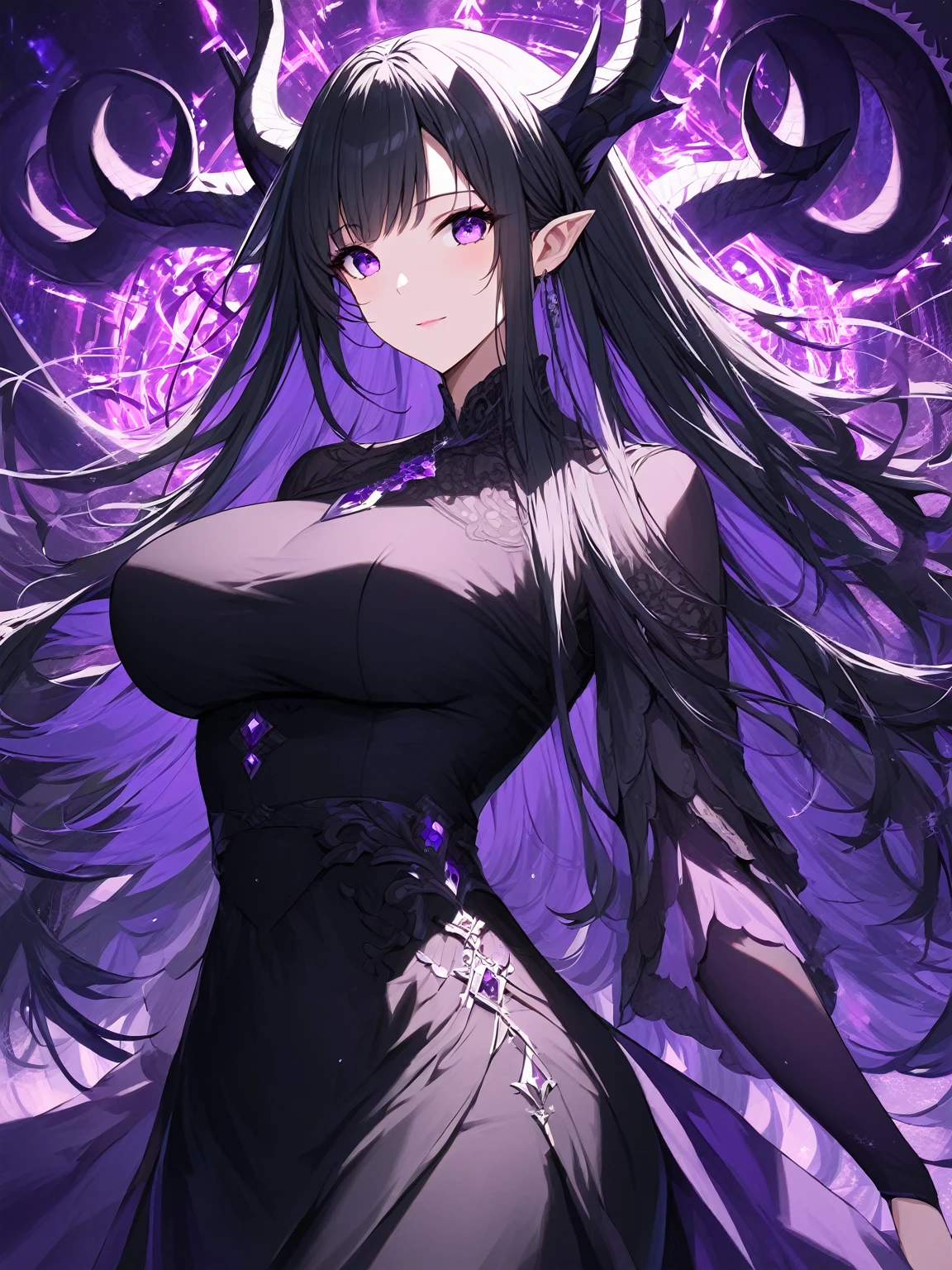 Beautiful woman - she is in a black dress with purple details, long straight hair, black hair and hair on the sides, with black dragon horns, large breasts (huge), beautiful, charming, bright purple eyes, elegant, mysterious face, kind face, charming, against the background of great purple magic.