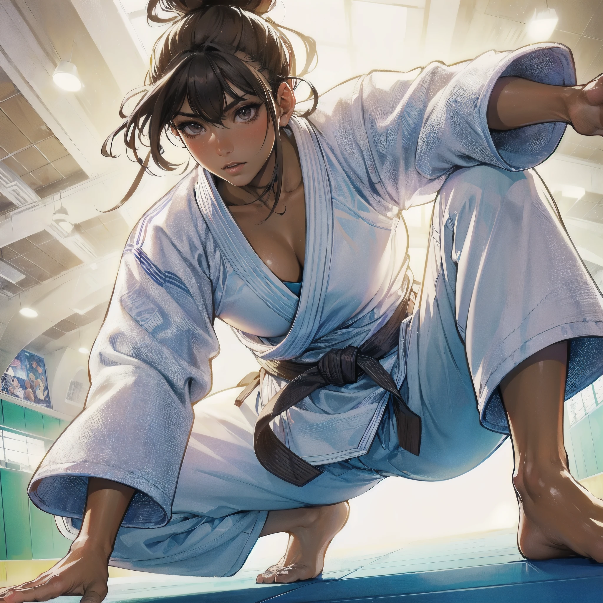 masterpiece, (textured skin), best quality, gorgeous beautiful girl, (a female judo athlete), detailed clothes,large breasts,narrow waist,, (beautiful face), cinematic lighting, (at judo venue ),