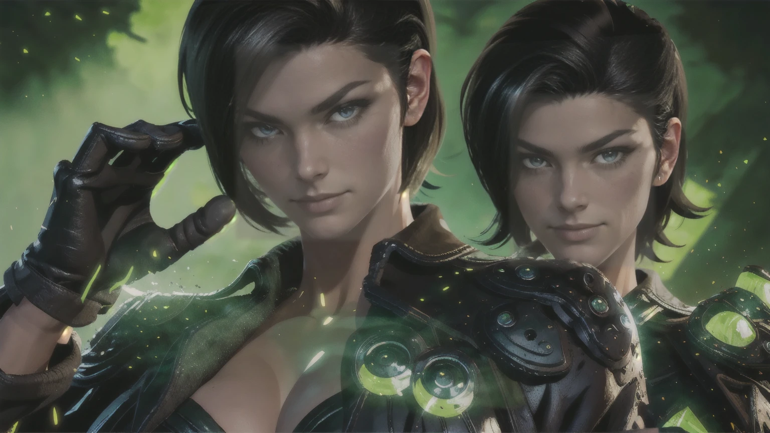 solo Adult female, (masterpiece), best quality, expressive eyes, perfect face, Dark lines, Frenya, the first descendant, short black hair, brown eyes, eyes, black leather jacket, large breasts, character centered in image, half body shot, close up shot, looking at viewer, dark city, black and green lighting, poisonous clouds, poisonous fumes, strong pose, cleavage, gloves, belt, short hair, glowing, masculine features, strong jaw,