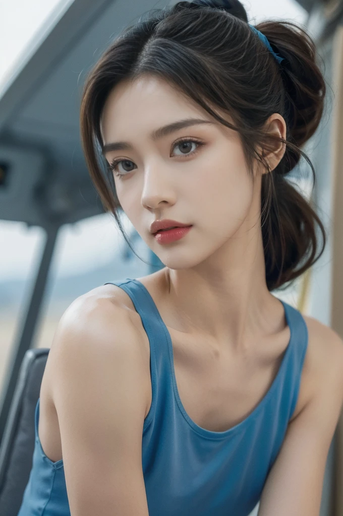 (((best quality))),(((ultra detailed))),(((masterpiece))),illustration,((1girl, female, Air Force commander,solo)),(short ponytail:1.2),((slim,thin)),((small breasts,flat chest)),poised, confidence, authority,(blue tank top:1.3),piercing eyes, control panel, military airport, soldiers, duties, fighter jets, clear sky, engine roar, excitement, energy, control room, monitors, switches, mosaic colors, expertise, pilots, headset, calm voice, strong presence, attention, respect, leadership, dedication, courage, bravery, women in military, inner strength, resilience, inspiration,((from front,close-up of face))