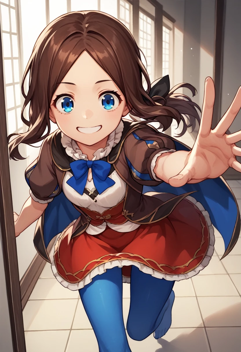 One girl, blue eyes, Long Hair, Brown Hair, Side Lock, Low Ponytail, ribbon, dress, White shirt, Puffy sleeves, Short sleeve, Red Skirt, Cape, Blue Pantyhose, running, Reaching out towards the viewer, close your eyes, smile, Open Mount, indoor, corridor, 