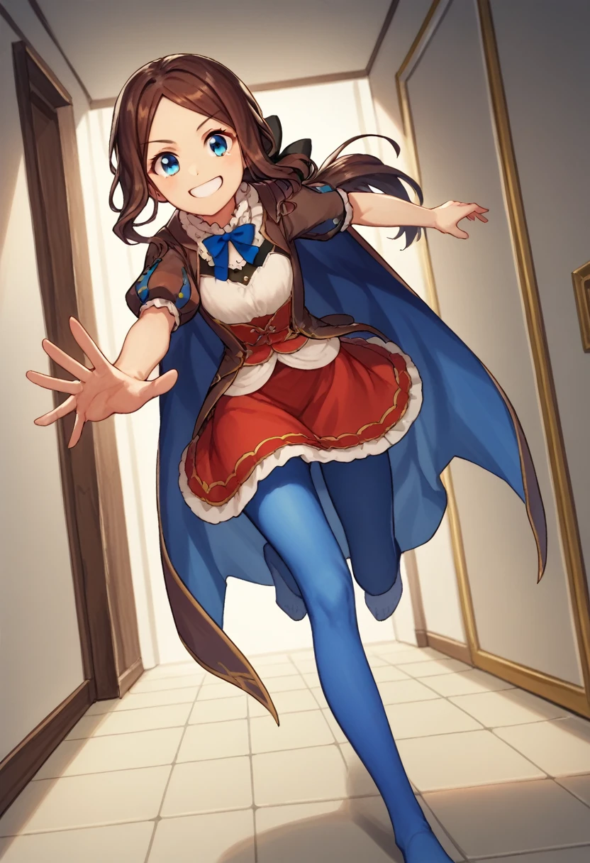 One girl, blue eyes, Long Hair, Brown Hair, Side Lock, Low Ponytail, ribbon, dress, White shirt, Puffy sleeves, Short sleeve, Red Skirt, Cape, Blue Pantyhose, running, Reaching out towards the viewer, close your eyes, smile, Open Mount, indoor, corridor,