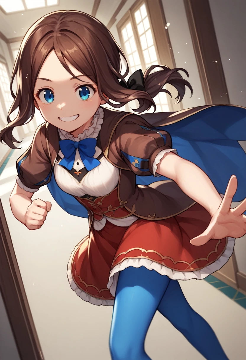 One girl, blue eyes, Long Hair, Brown Hair, Side Lock, Low Ponytail, ribbon, dress, White shirt, Puffy sleeves, Short sleeve, Red Skirt, Cape, Blue Pantyhose, running, Reaching out towards the viewer, close your eyes, smile, Open Mount, indoor, corridor, 
