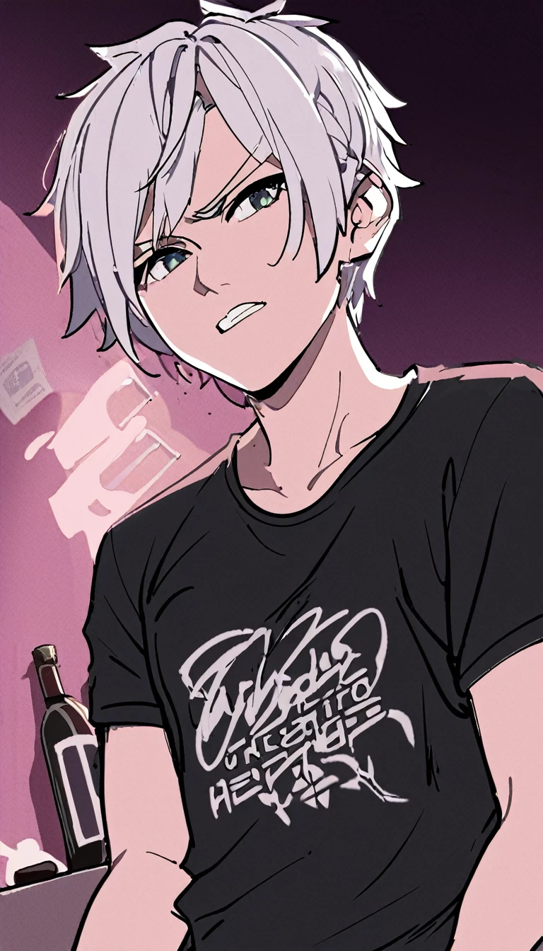 Highest quality, (8K, 16K, Awards, Highest quality, High resolution, Super Detail, gender: Male Age group: Middle-aged hairstyle/color: White hair Person pose: Drinking alcohol with a cigarette nearby: Serious gaze: Front Clothing:Black shirt: Scenes and situations in which you sit in a chair: A corner seat in a dimly lit bar