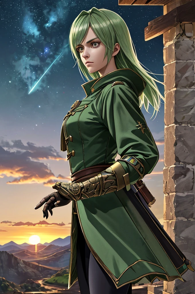 Highest quality,High resolution,((Zundamon)) ,One person,(knife),(green_coat),woman,One personで,Minors,,strongest,Anime Style,(Night Sky_background),(Limbs),(Full Finger),(Accurate fingertips), (The finer details), (Super detailed),4K,(high resolution),whole body, (Front angle), Looking at the camera,masterpiece,(Subtle details),(Intricate details),Octane Rendering,(Hyper Detail),