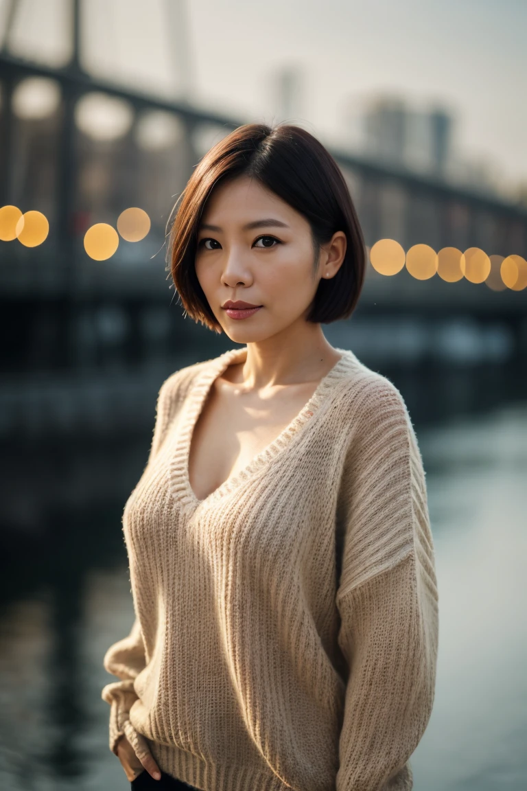 Portrait of a middle-aged Taiwanese woman, 40 years old, short hair,Cute face, slim, Tortitz, (Large sagging:1.1), Huge nipples, wear (sexy sweater:1.2), Standing by the river, Bokeh background, Simple Background, (Highly refined skin:1.0), (masterpiece:1.2) (real:1.2) (Bokeh) (Highest quality) (Intricate details) (8K) (High Dynamic Range) (Analog Film) (Canon D5) (Cinema Lighting) (Sharp focus),Full body photo