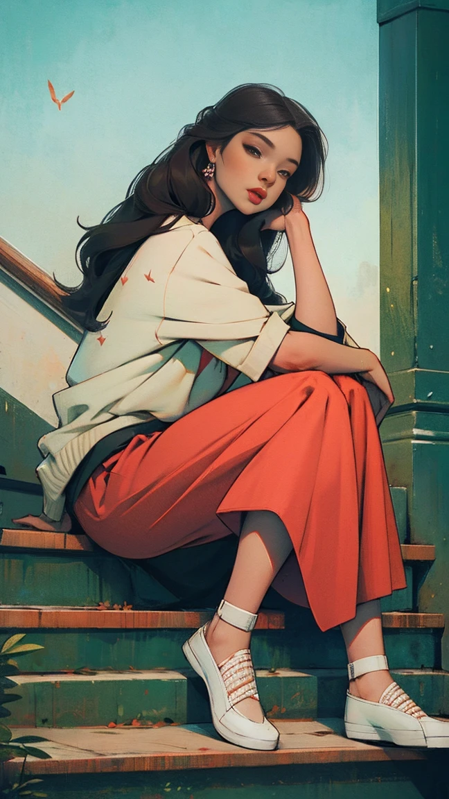Masterpiece, best quality,1girl, sitting on staira,wide shot,casual clothes, intricate details,16k,ultra resolutions,ankymoore