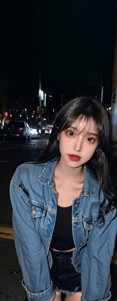 ((midnight,Best quality,8K,masterpiece:1.3)),(close up),Sharp focus,一个身材完美的漂亮女人的全身close up,全身close up,((Black Hair,Large Breasts)),(Denim jacket,Short skirt,Black high heels,Standing),((Nighttime cityscape)),Highly detailed face and skin textures,Beautiful legs,Detailed eyes,Double eyelids
