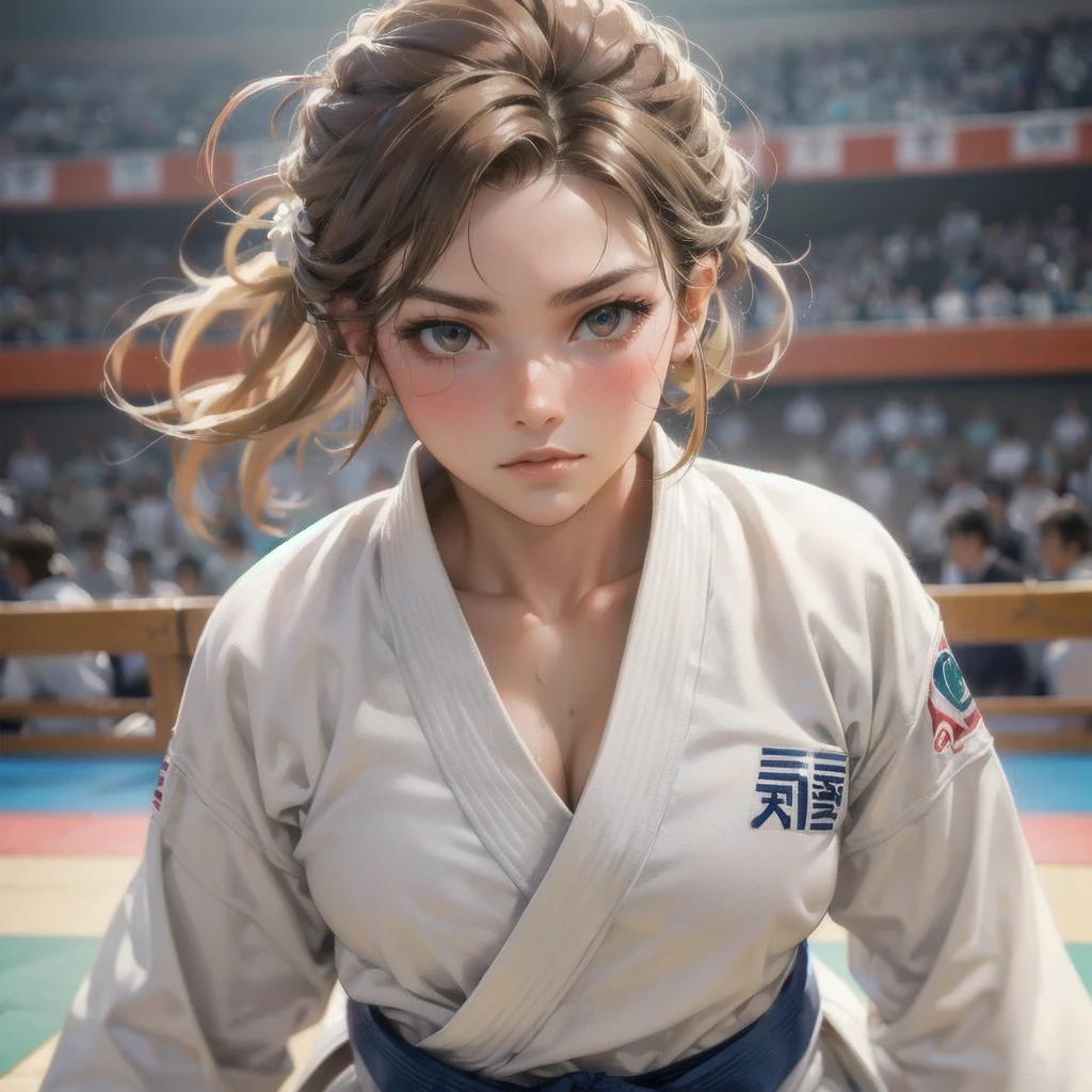 masterpiece, (textured skin), best quality, gorgeous beautiful girl, (a female judo athlete), detailed clothes,large breasts,narrow waist,, (beautiful face), cinematic lighting, (at judo venue ),