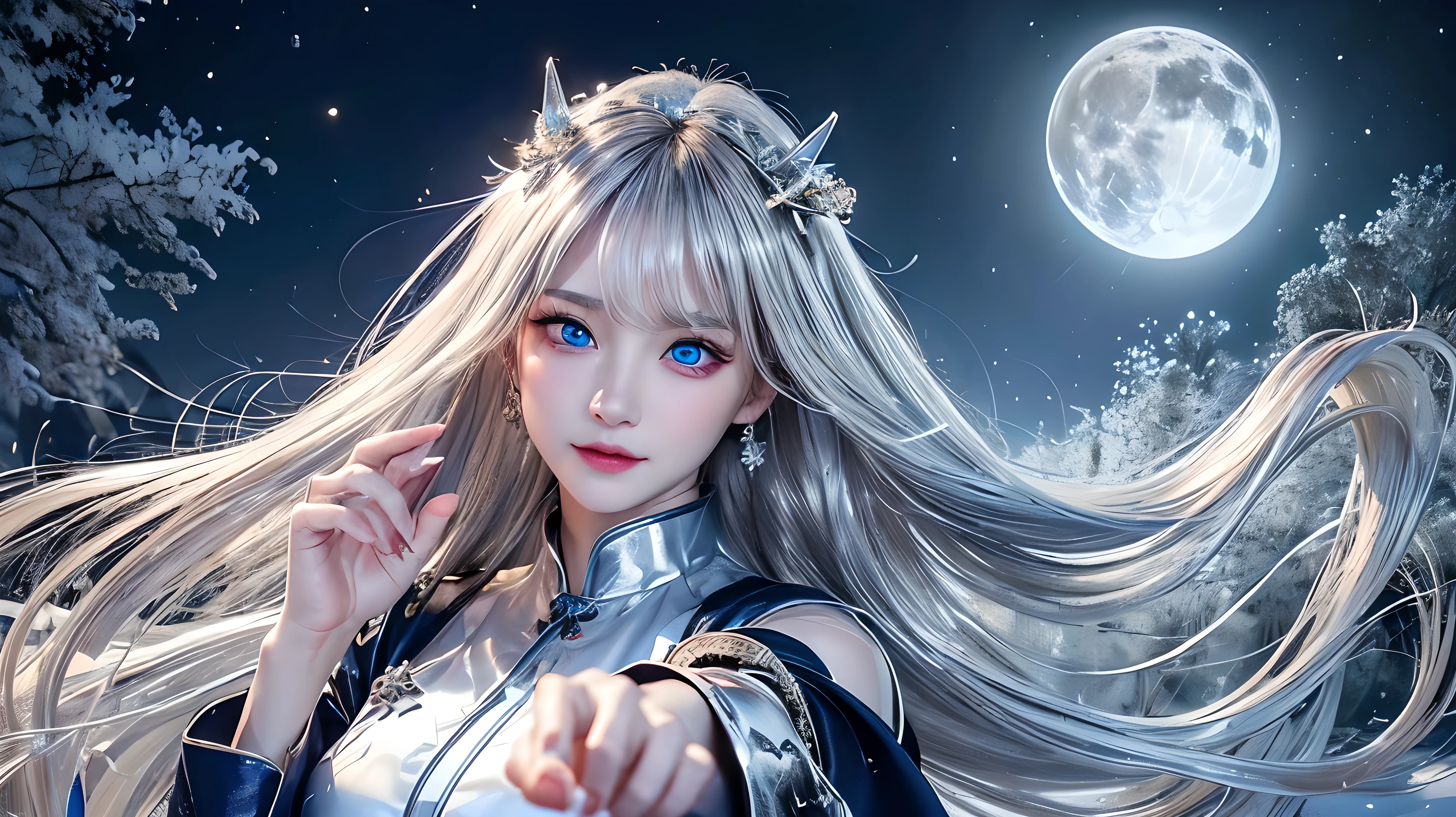 (logo, masterpiece, 8K, table top, RAW photo, wonderful, 最high quality, Photorealistic and hvery detailed CG integrated 8K wallpaper, high quality, very detailed, Narrative poem, particle effects, dynamic effects, written boundary depth, cinematic light, Lens flare, ray tracing)), fantasy, ((1 beautiful woman, clear blue eyes, Silver long hair, beautiful face, real face, beautiful detailed eyes, beautiful skin, woman dancing gracefully:1.7, woman dancing gracefully:1.7)), long hairがwindでなびく, long hairが跳ねる, long hairがwindで踊る, hair jump, jewelry, tattoo, Hanfu, chinese fairy, taoist uniform, silver earrings, ((night, wind, darkness, full moon, Night Sky, Snow and hoarfrost, very cold winter day, snow-capped mountainや森, hoarfrost, snow-capped mountain々, The beauty and brilliance of frost-covered trees, The tranquility and beauty of a world of ice and snow)), hip up, beautiful eyes, long hair, ring-shaped eyes