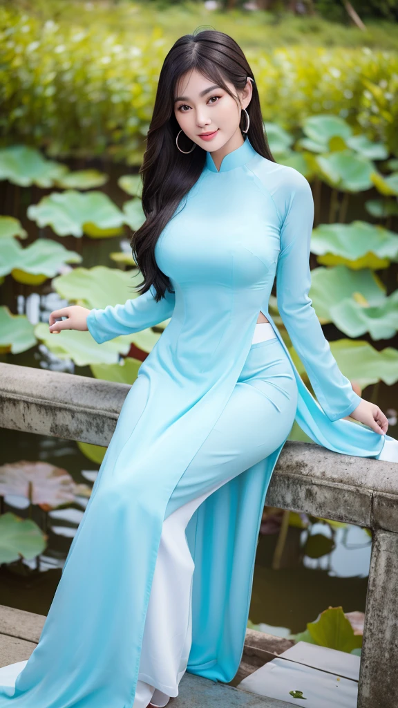 Detailed body, attractive body, perfect human body, realistic face,
(ultimate quality, masterpiece, highres:1.0), realistic:1.6, photorealistic,
[8k UHD photos, UHD high quality photos, Super detailed and super clear images],
Close-up of a Vietnamese girl with a detailed body, attractive body, perfect human body, realistic face,
(ultimate quality, masterpiece, highres:1.0), realistic:1.6, photorealistic,
[8k UHD photos, UHD high quality photos, Super detailed and super clear images],
Close-up of a Vietnamese girl with a beautiful face, tall and beautiful like a photo model,
, leggy, round face, big round eyes, Charming smile, Red lips, long curly eyelashes, big dimples, pointed chin, plump face, bright white skin, slim waist and long legs, wearing rings and earrings,
 Her face resembles Tuyet Linh, Tall and plump figure, wearing see-through blue silk ao dai, sitting on the bridge side the lotus pond, cute pose,
Super shiny silk ao dai, wearing see-through ao dai, see lace bra and lace panty,