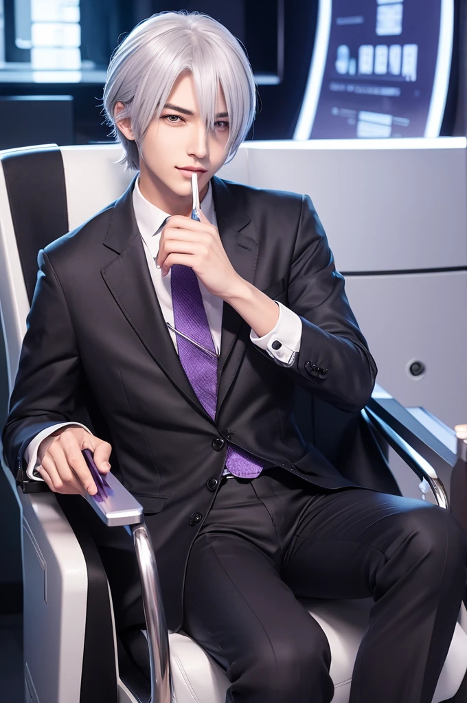 Cute and handsome
slender
silver hair
Purple eyes
Cyber-oriented lab
Dark future lab
Researcher
white coat
chew a ballpoint pen with your teeth
thinking
cartoon style illustration
sitting
A luxurious black chair