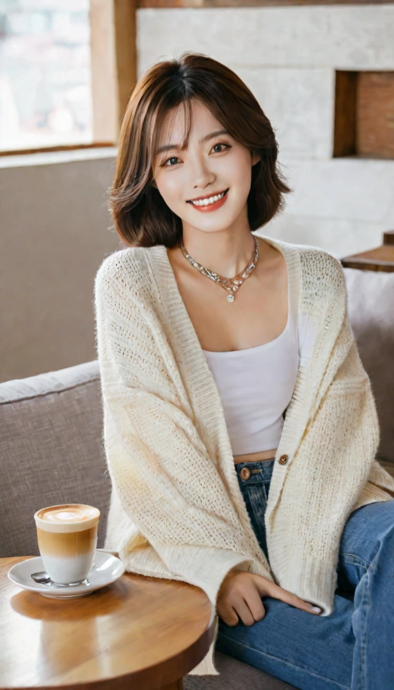 Beautiful Korean Woman , 32 inch chest size, Your eyes are big and pretty. Wearing a cardigan with a blouse, casual pants, short medium hair, Smile. necklace, sit on the sofa , coffee on the table, uhd