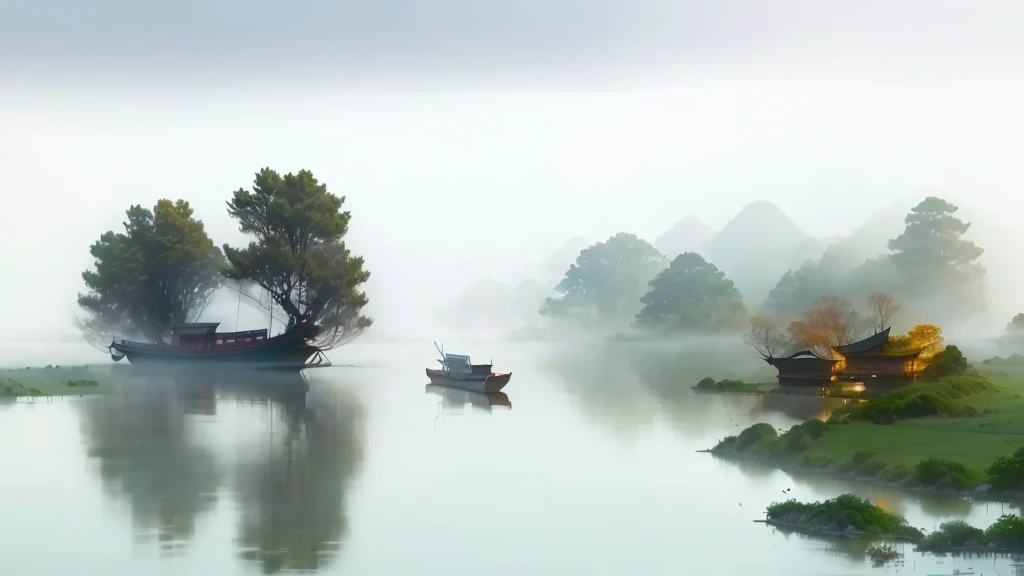 There is a boat floating on the water in foggy weather, In the peaceful scenery, Water mist, by Jiang Tingxi, On the misty lake, Water mists, Water mist, Peaceful and tranquil, floating in fog, by Cheng Jiasui, Pan Tianshou, by Xie Shichen, The scenery is peaceful!!