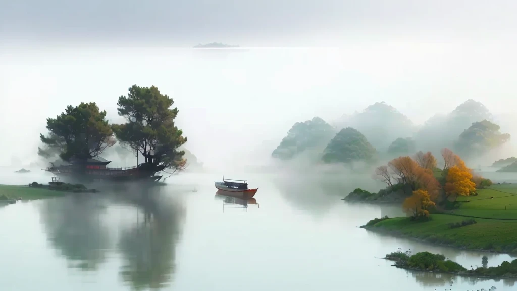 There is a boat floating on the water in foggy weather, In the peaceful scenery, Water mist, by Jiang Tingxi, On the misty lake, Water mists, Water mist, Peaceful and tranquil, floating in fog, by Cheng Jiasui, Pan Tianshou, by Xie Shichen,  The scenery is peaceful!!