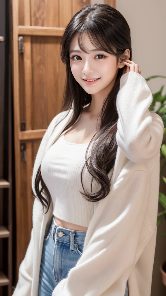 masterpiece、1 beautiful beauty、Highest quality, High resolution, (reality: 1.4), Japanese、A Japanese person smiling with beautiful white teeth、Amazingly white, beautiful skin、thin、(Ultra-realistic)、(High resolution)、(8K)、(Very detailed)、(Beautiful attention to detail)、(Very detailedな)、(Detailed eye depiction)、Big eyes、Long eyelashes、Detailed face、Gloss Lip,Bright lighting、Professional Lighting、Standing and facing this way、Looking into the camera、Look straight ahead、Forward-facing、The whole body is shown、Long Hair、Black Hair、Curly Hair、Shooting studio scenery、Nogizaka idol、actress、20-year-old、Moist and realistic skin texture、Moist lips、