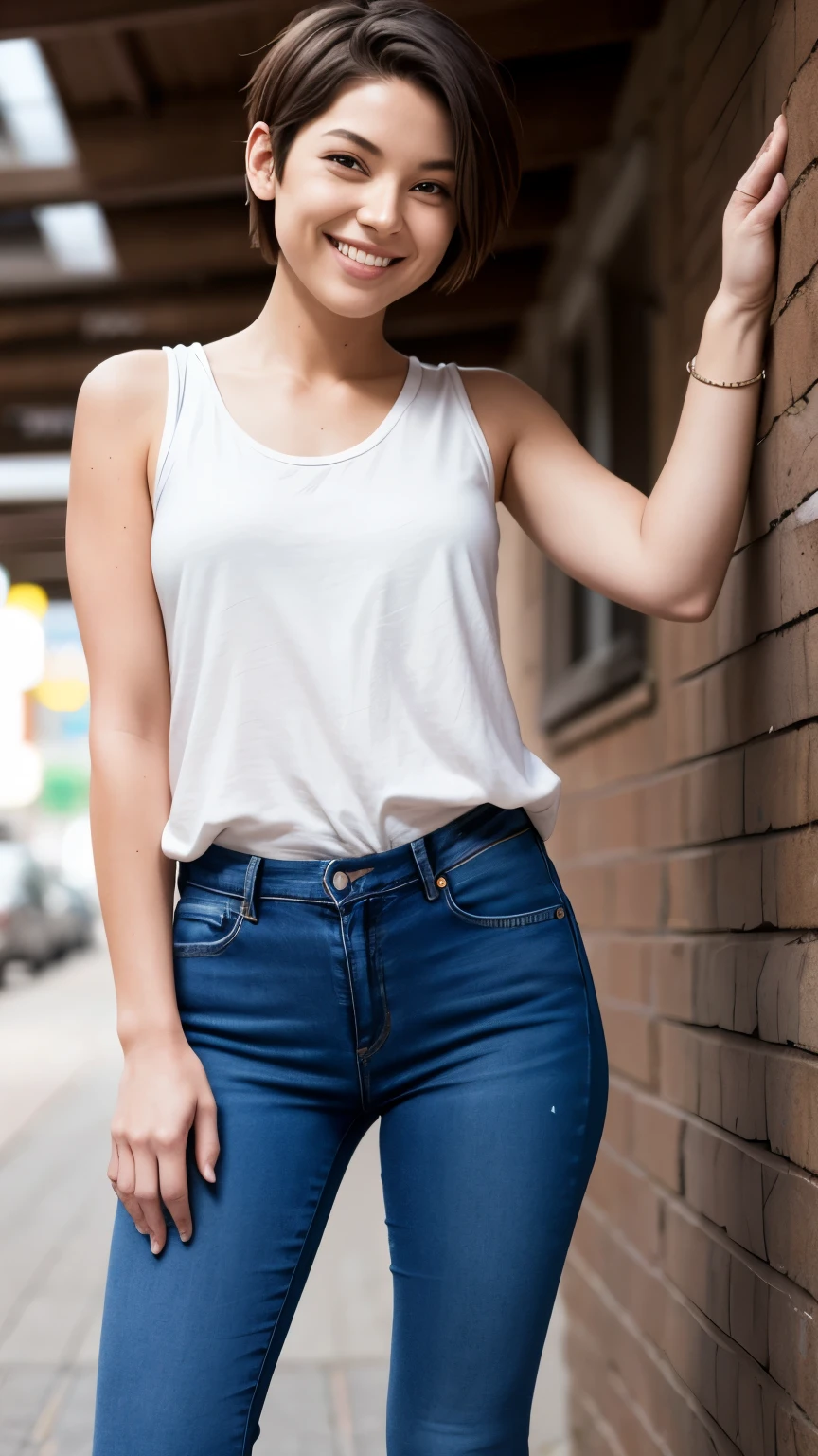 255 20-year-old female, (short hair),jeans, smile