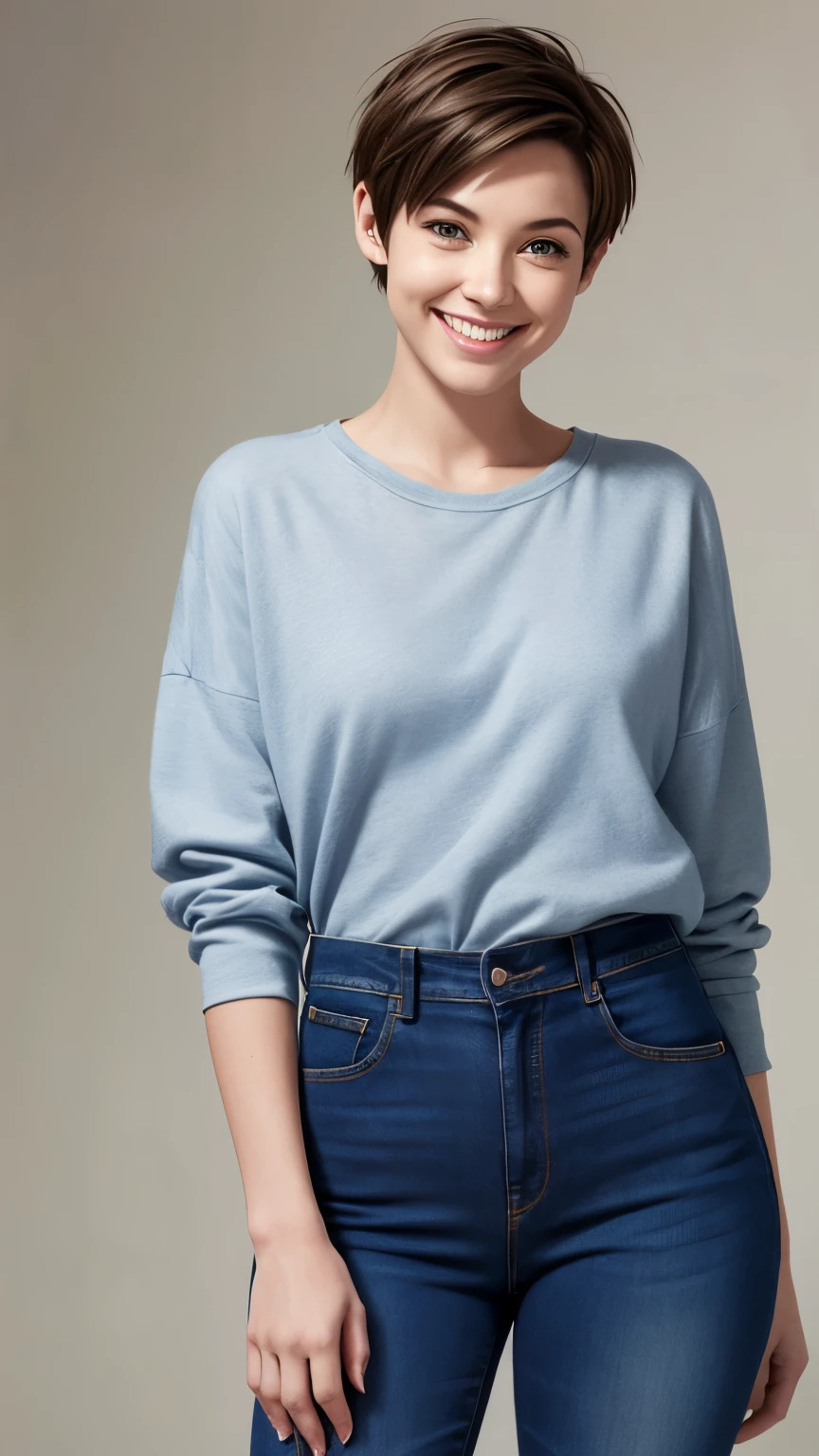 255 20-year-old female, (short hair),jeans, smile