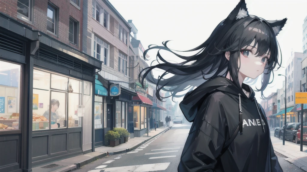 masterpiece, Highest quality, One girl, parking, Black Hair, Medium Short, Upper Body, From the side, black eye, Looking to the right, Standing, Looking at smartphone, Wearing a hoodie,