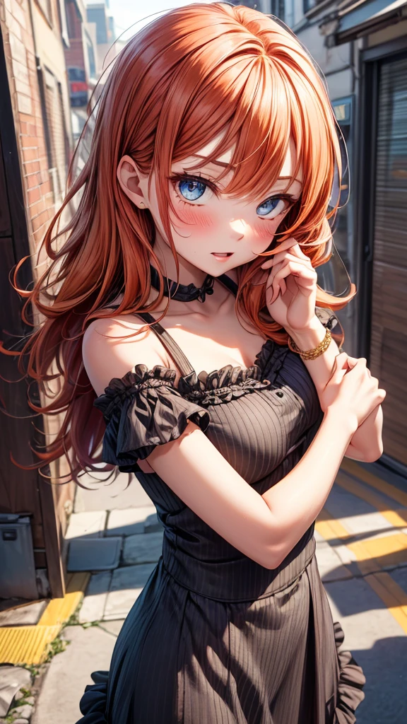 (Embarrassing), Redhead, Orange Hair, Wellie Art Style, One girl, blush, Upper Body, Highly detailed eyes, employment, clavicle, Frill dress, Open your mouth