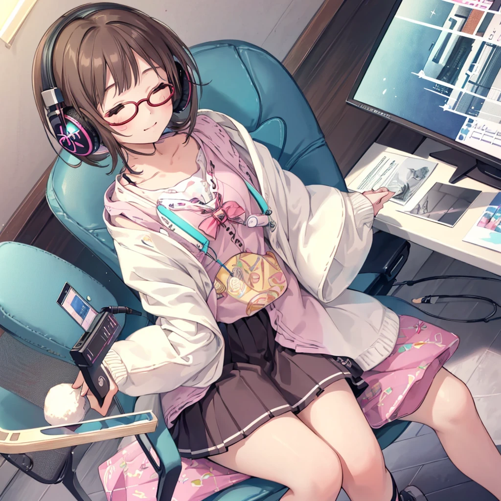 (Highest quality)、(masterpiece:1.2)、(colorful:0.9)、(Color Scattering)、(Watercolor)、Glasses、Sharp focus shots, High resolution, (Anime Style:1.1), ) ((Highest quality)), (Very detailed), (beautiful), alone, beautiful face、12 years old、(Sitting on a chair in the room、He is wearing headphones and listening to music with his eyes closed, looking happy.、Detailed drawing of a cute girl:1.3)、Cute clothes、(Brown Hair:1.2),colorful eyes,dramatic,、(mini skirt)、Esbian all over、pastel colour