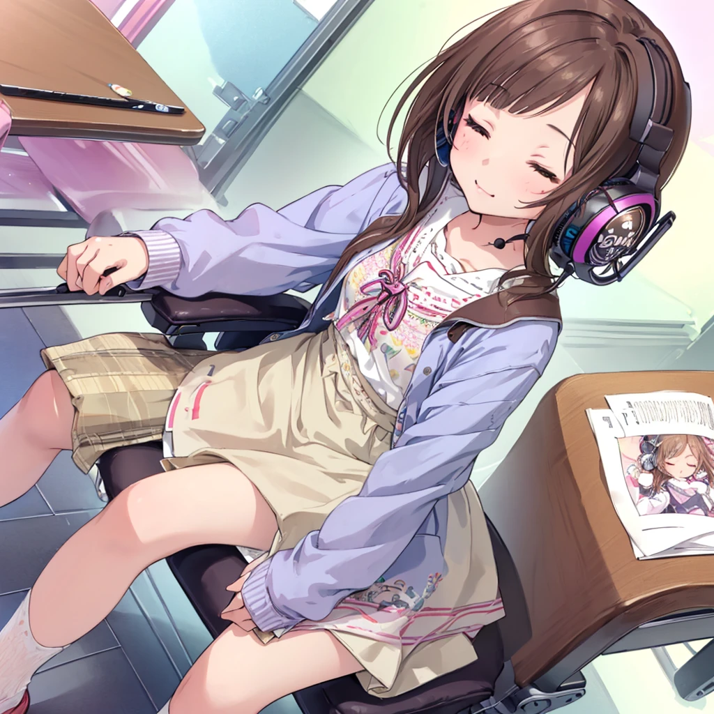 (Highest quality)、(masterpiece:1.2)、(colorful:0.9)、(Color Scattering)、(Watercolor)、Glasses、Sharp focus shots, High resolution, (Anime Style:1.1), ) ((Highest quality)), (Very detailed), (beautiful), alone, beautiful face、12 years old、(Sitting on a chair in the room、He is wearing headphones and listening to music with his eyes closed, looking happy.、Detailed drawing of a cute girl:1.3)、Cute clothes、(Brown Hair:1.2),colorful eyes,dramatic,、(mini skirt)、Esbian all over、pastel colour