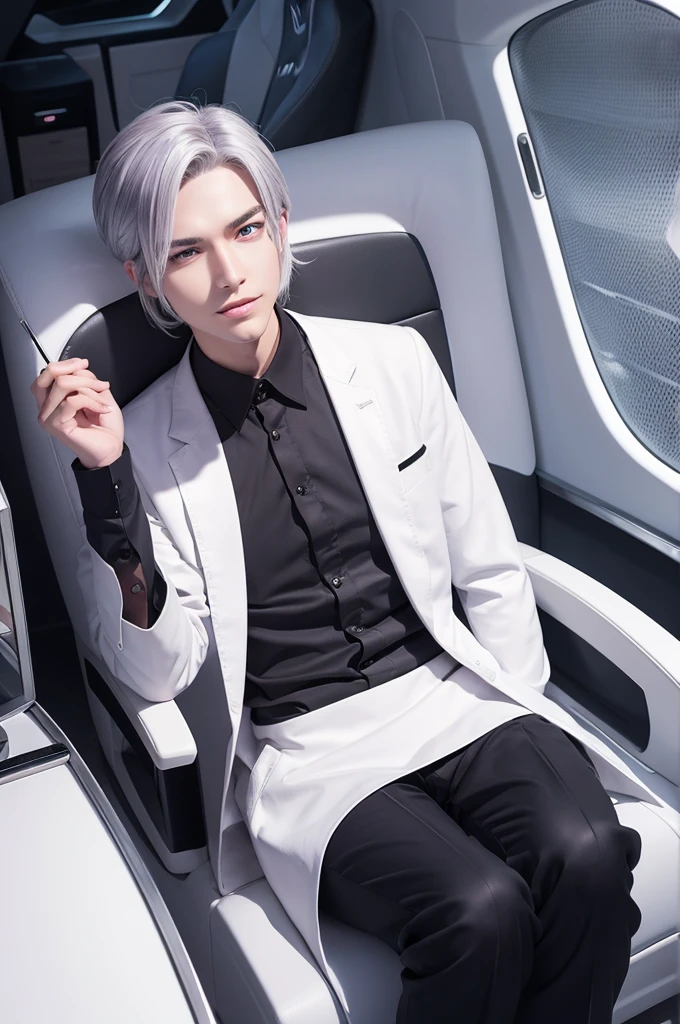 Cute and handsome
slender
silver hair
Purple eyes
Cyber-oriented lab
Dark future lab
Researcher
white coat
chew a ballpoint pen with your teeth
thinking
cartoon style illustration
sitting
A luxurious black chair