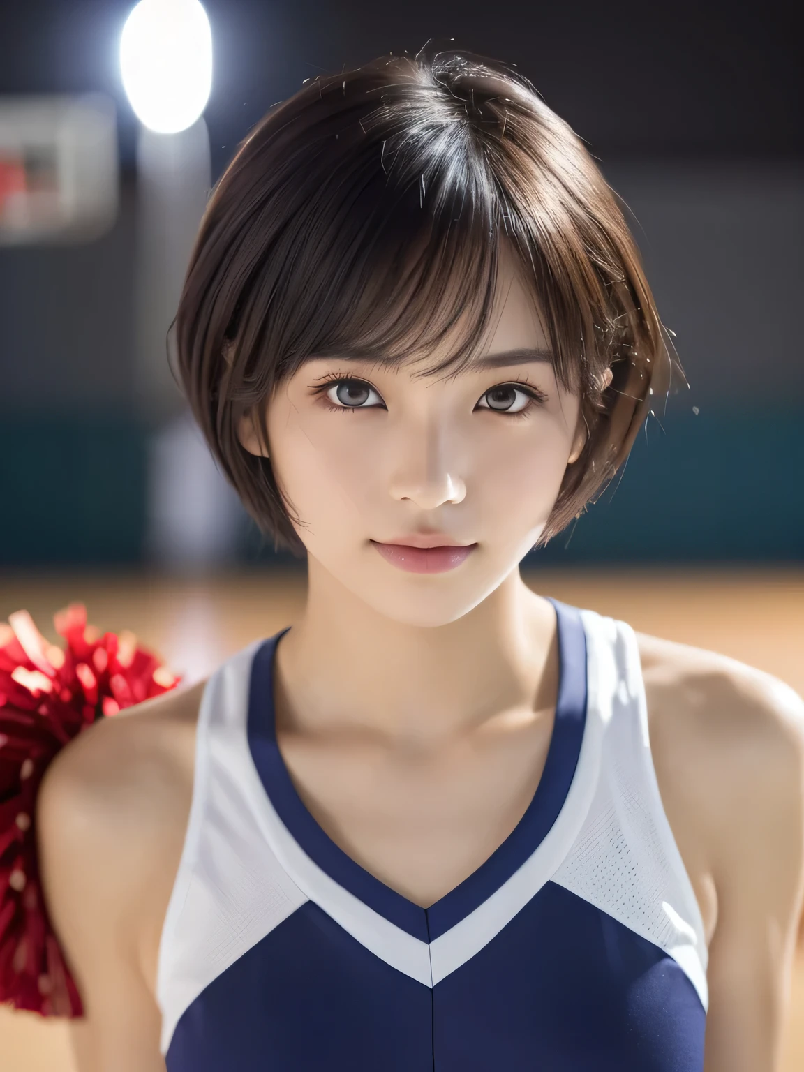 (shout:1.2), (Holding a pompom), (Cheerleader:1.2), (beautiful girl:1.3), (17 years old), (Highest quality:1.4), (Very detailed), (Very detailed美しい顔と目), (Sweat:1.2),Symmetrical eyes, (Dance 1.5), (Look Away:1.5), (Cheerleader costumes:1.3), smile, Open your mouth, White skin, Great face, iris, Short Bob Hair, (Skinny body type:1.2), (Flat Chest:1.2),Smooth, Very detailed CG synthesis 8k wallpaper, High-resolution RAW color photos, Professional photography, Light, BackLight, dream-like, impressive, Written boundary depth, Basketball court, Cowboy Shot, (Close-up of face:1.2)
