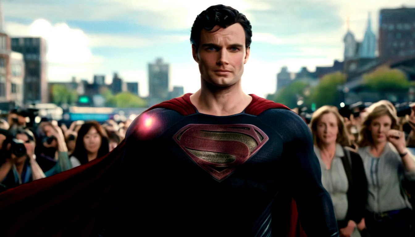 Superman played by Tom Welling posing with fists on waist,posing for crowd of photographers