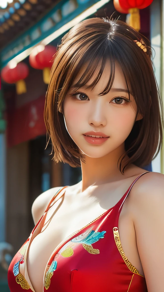(Realistic: 1.4), (Highest quality: 1.4), Ultra-high resolution, (fine grain),((Sculpture Pose)),One Young Woman,Big Breasts,((Wearing a Chinese dress)),smile,Sunburn mark,Big eyes,Blushed,Highly detailed face and skin texture, Healthy Skin,(Chinatown),8K resolution