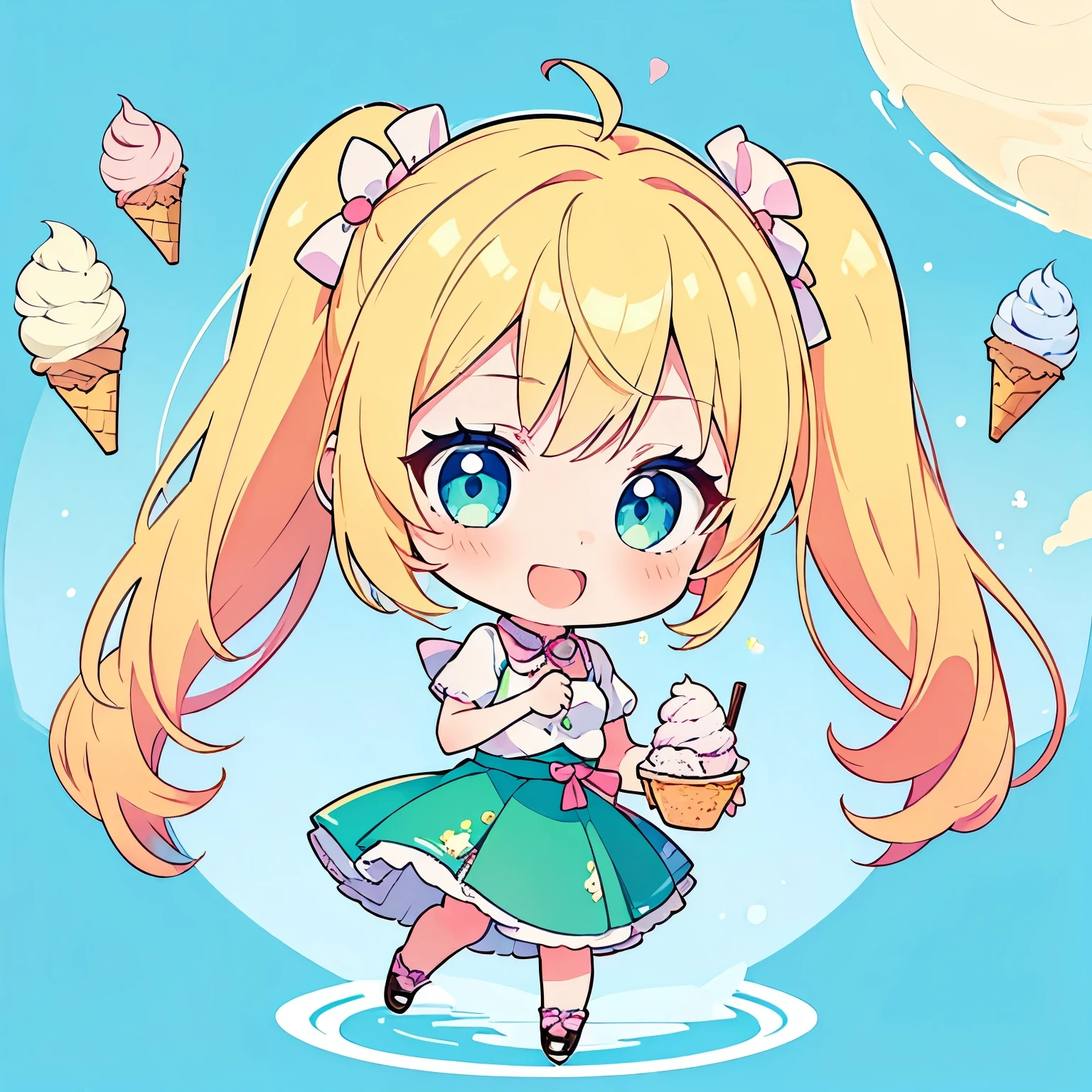 (Swirl ice cream:1.4), (Perfect hands), (Perfect Face), (Perfect Arms), One girl, ((Chibi Character)), cute, (Smile:1.3), (Open your mouth:1.3), anime, Holding a spoon, Blue Eyes, Blonde twin tails, (Green skirt coordination), ((Full Body Shot)), Fairy tale background, 