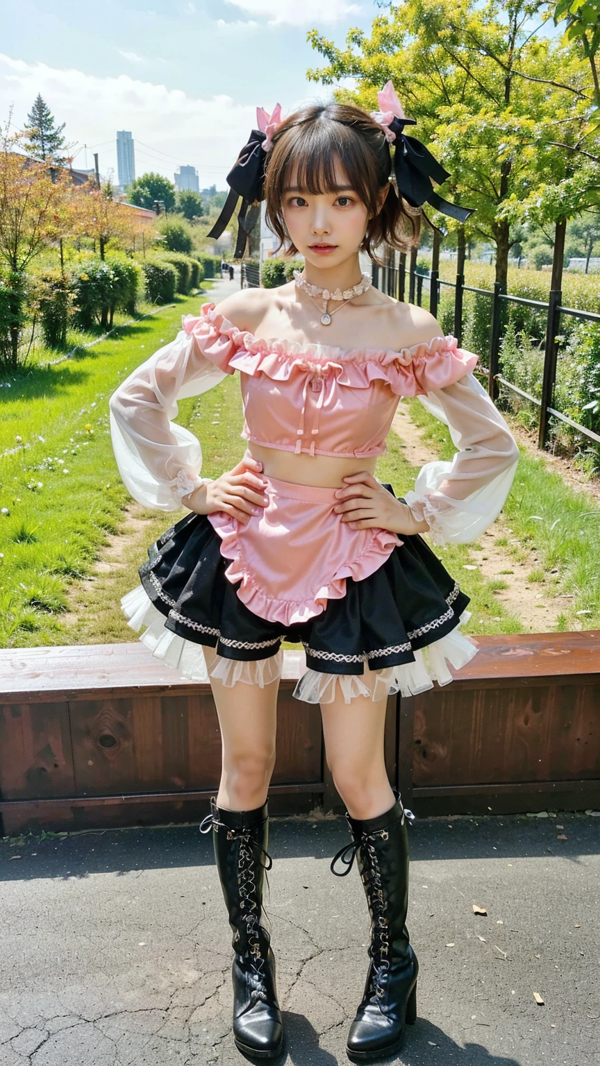 (8K、RAW Photos、Highest quality、masterpiece:1.2)、(Highest quality、Realistic)、1 Girl、((Frills、See-through、Off the shoulder、tights、pink and black mini skirt、Thin legs、whole body、boots、garden、View from the front、Looking into the camera、Ribbon Idol Costume、、Stand with hands on hips))、cute