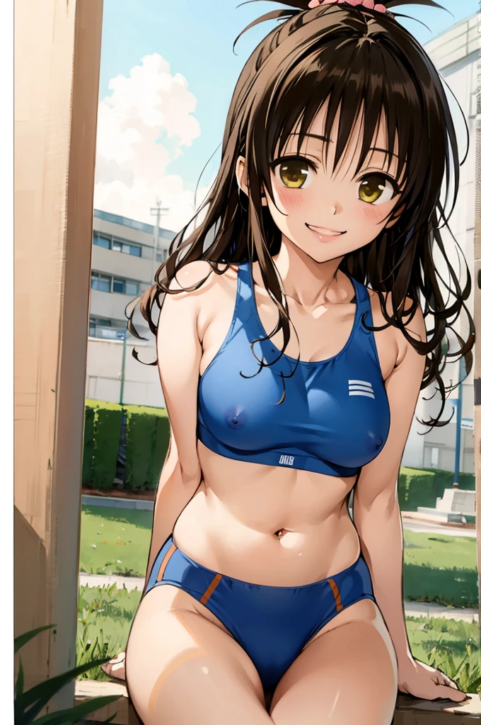 1girl,solo,yuuki mikan,, smile,brown hair,, (best quality:1.3),1girl,outdoor,,,nsfw,cowboy shot,,sports bra,sports panties,grin,