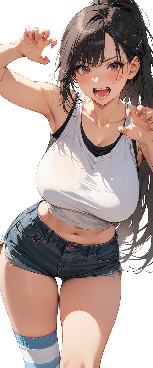20 years old,1 mature woman,hyperrealistic, 8k, (extremely detailed 8k), (very delicate and beautiful), (masterpiece), (better quality:1.0), (ultra high resolution:1.0), (masterpiece, best quality),cute,black hair,ponytail,cowboy shot,white background,realistic skin,Crop Top, Denim Shorts, Striped Knee Socks,model posing,big breasts,excited,claw pose