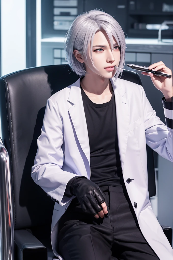 Cute and handsome
slender
silver hair
Purple eyes
Cyber-oriented lab
Dark future lab
Researcher
white coat
chew a ballpoint pen with your teeth
thinking
cartoon style illustration
sitting
A luxurious black chair