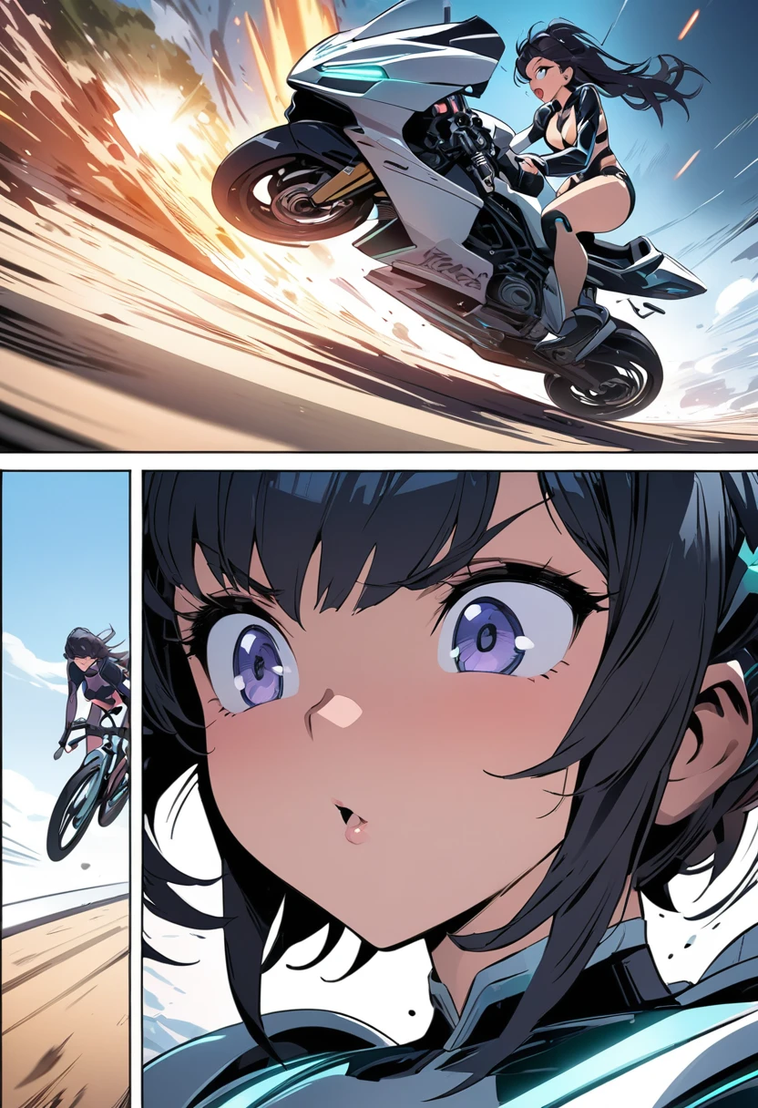 masterpiece, best quality, extremely detailed, ((Manga comic style)), ((cartoon comic page)), Futuristic Girls Bike Race