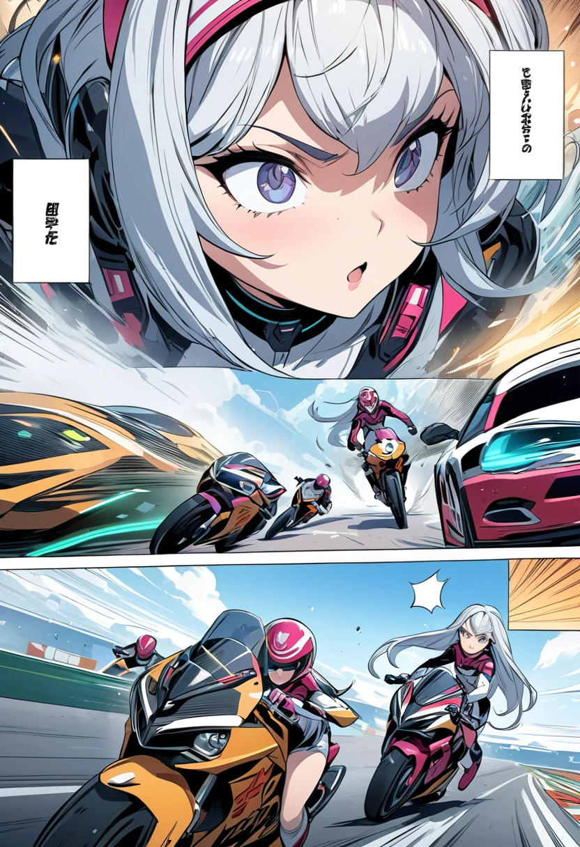 masterpiece, best quality, extremely detailed, ((Manga comic style)), ((cartoon comic page)), Futuristic Girls Bike Race