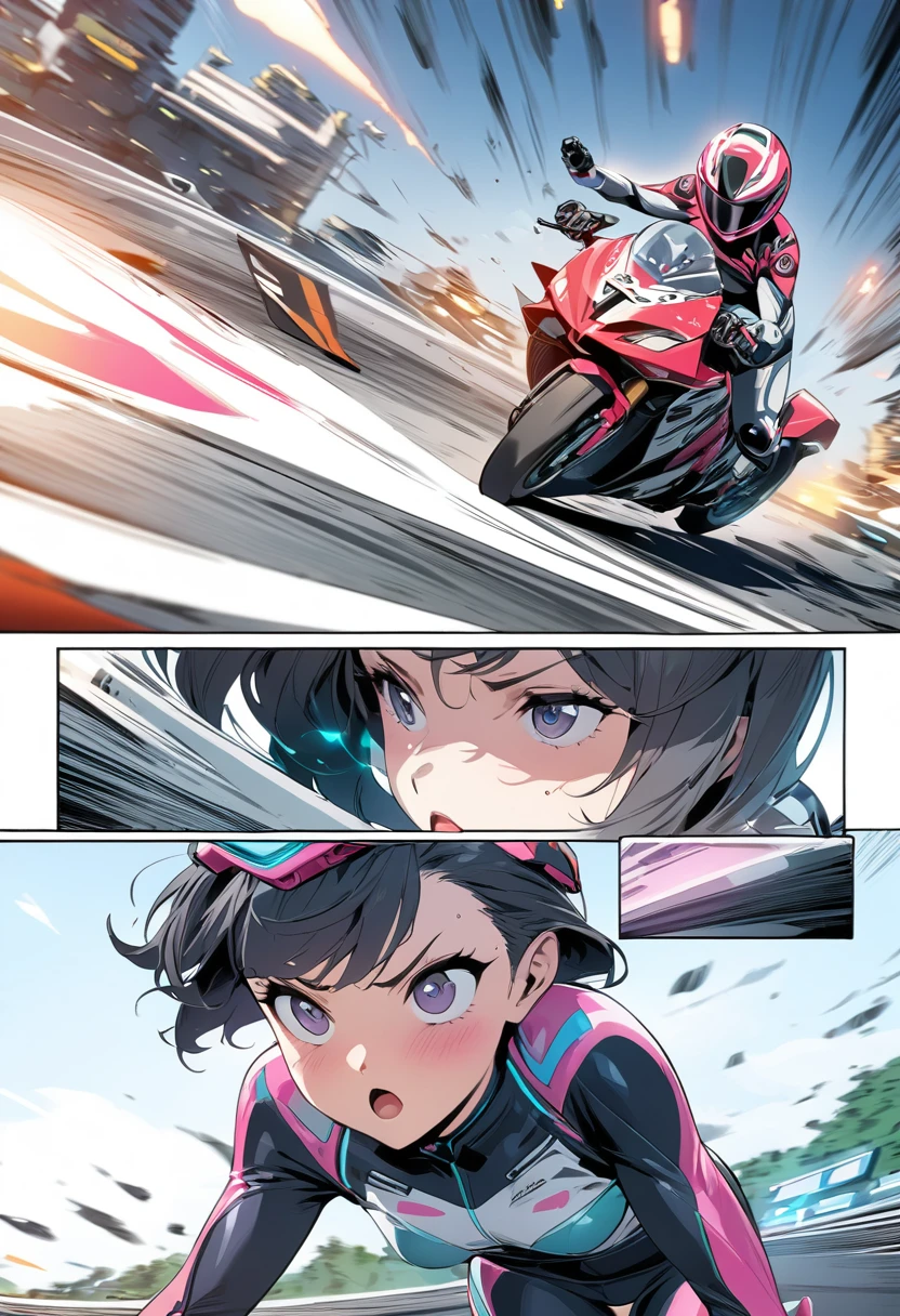 masterpiece, best quality, extremely detailed, ((Manga comic style)), ((cartoon comic page)), Futuristic Girls Bike Race